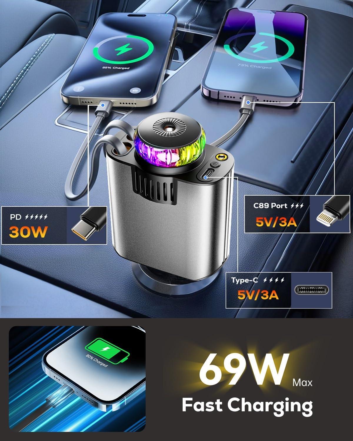 Retractable Car Charger with Air Freshener Diffuser & Star Lights,Multi Port Cigarette Lighter Adapter for iPhone Car Phone Charger USB-C/Type-C Fast Charging with 2 Retractable Cable,Car Aromatherapy
