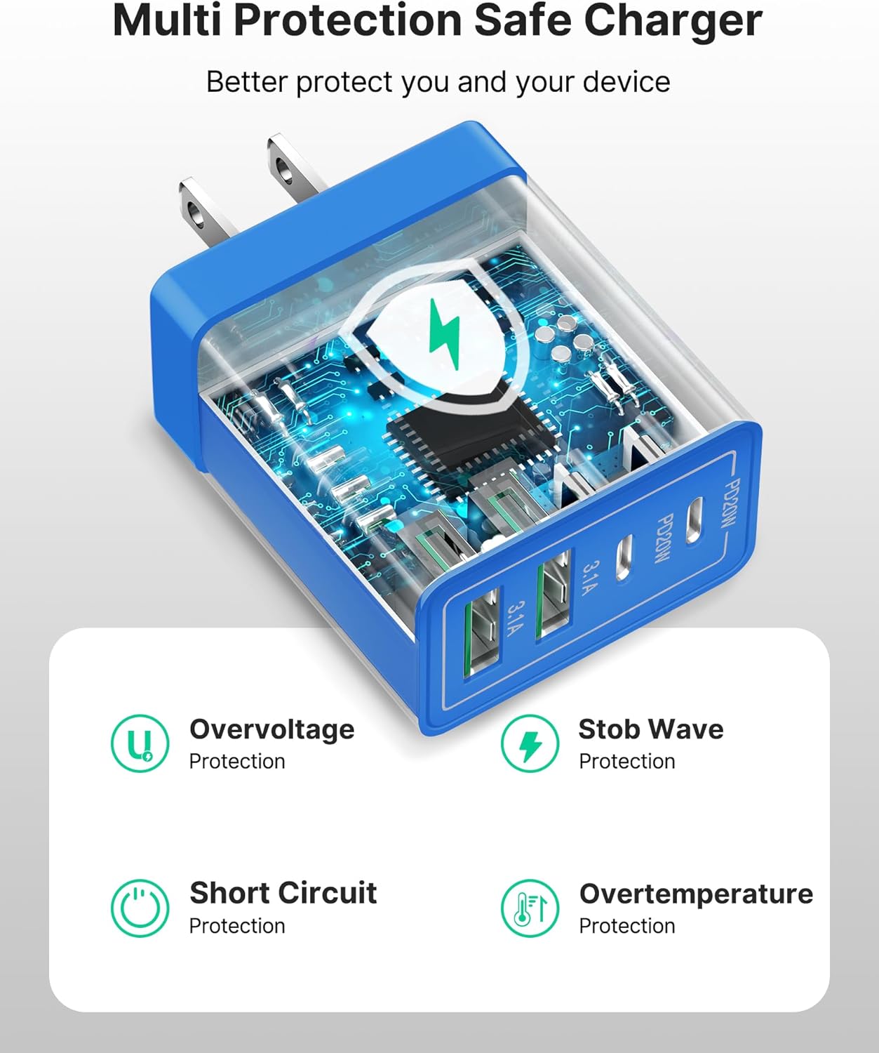 [2-Pack] USB C Wall Charger, 40W Fast USB C Charger Block, 4-Port PD + QC Wall Plug Multiport Type C Charging Block for iPhone 16 15 14 13 12 11 Pro Max XR XS 8 7, Tablets, Cellphones Cube