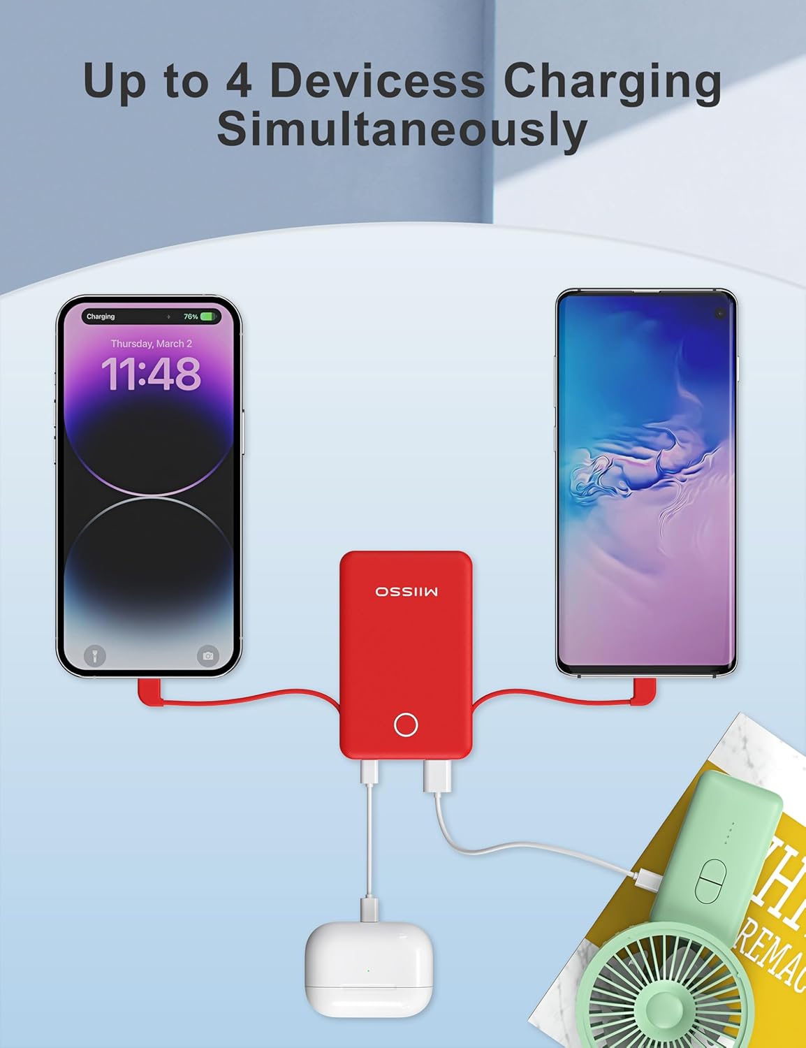 6000mah Ultra Slim Built in Cables Power Bank, Card Size Built in USB C Cords Battery Pack Portable Charger for Phones, 3 Output External Battery Pack Compatible with iPhone, Samsung, Google, Red