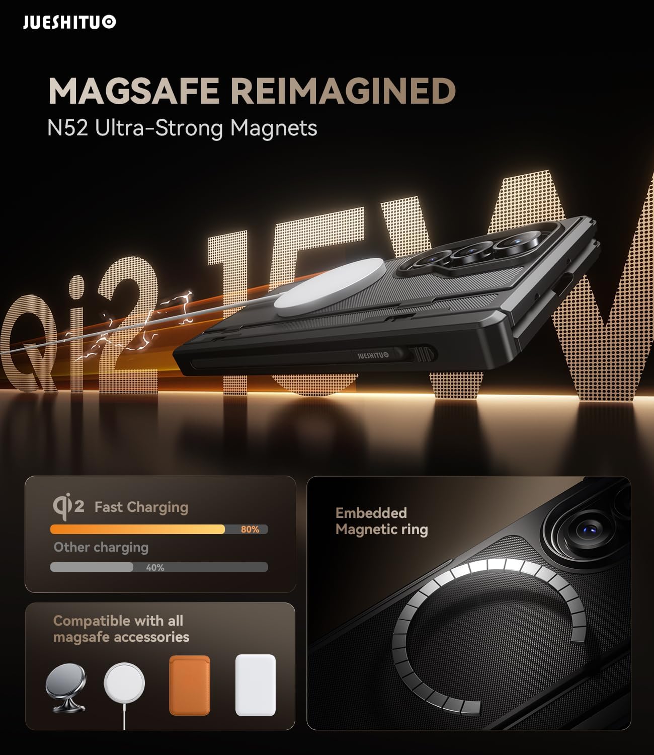 JUESHITUO for Samsung Galaxy Z Fold 7 Case with Privacy Screen Protector, Built-in S Pen Slot(No Pen) & MagSafe, Military Shockproof Cover for Z Fold 7, Hidden Kickstand, Hinge Protection, Black