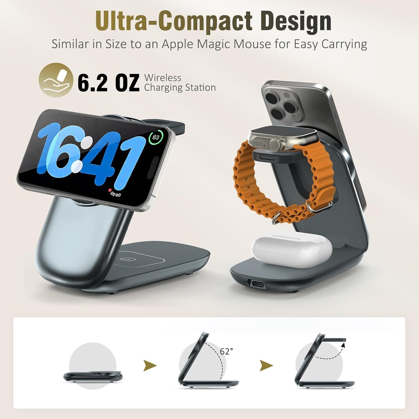 3 in 1 Folding Charging Station for iPhone 16e/16/15/14/13/12 Compatible with Apple Watch 10/9/8/7/6/5/4/3 Ultra,Wireless Charging Station for Airpods/4/3 pro