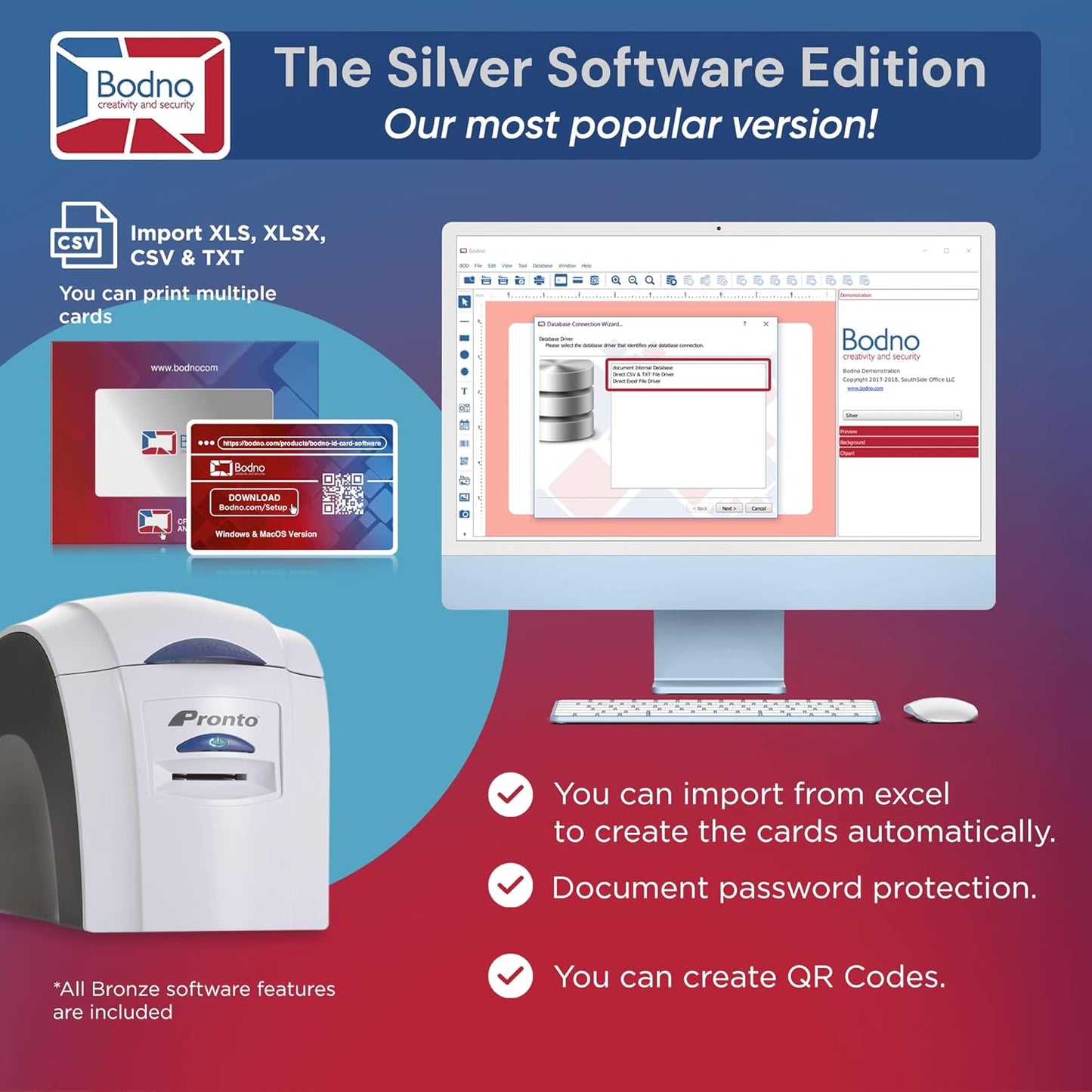 Bodno Magicard Pronto ID Card Printer & Complete Supplies Package ID Software and Camera - Silver Edition