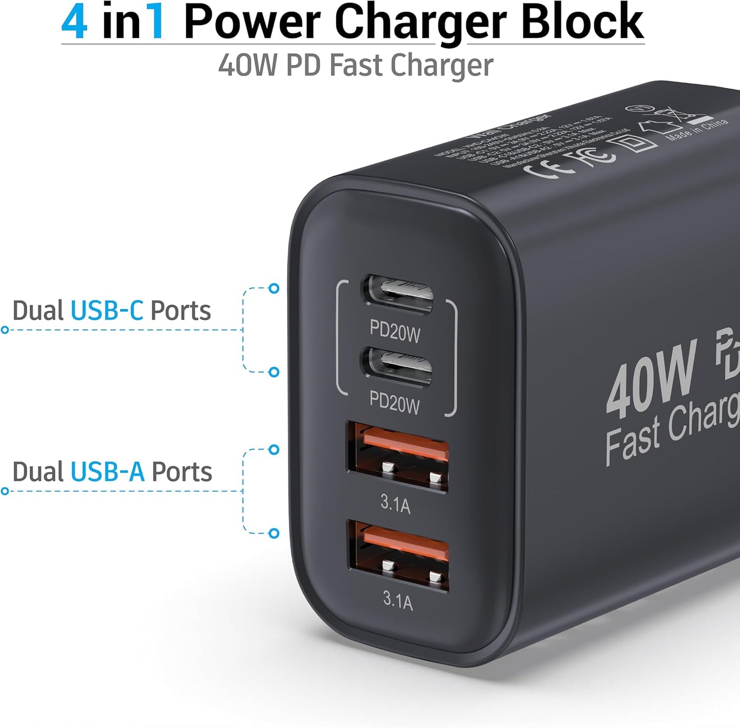 USB C Block 40W, 4 Ports Wall Plug Fast Charging Block, PD+QC Multiport Power Adapter USB C Charger Type C for iPhone 16,15,14,13,12,11, Pro Max, X, Xr, Xs, 8, 7, Watch, Galaxy Phones-Black 1Pack