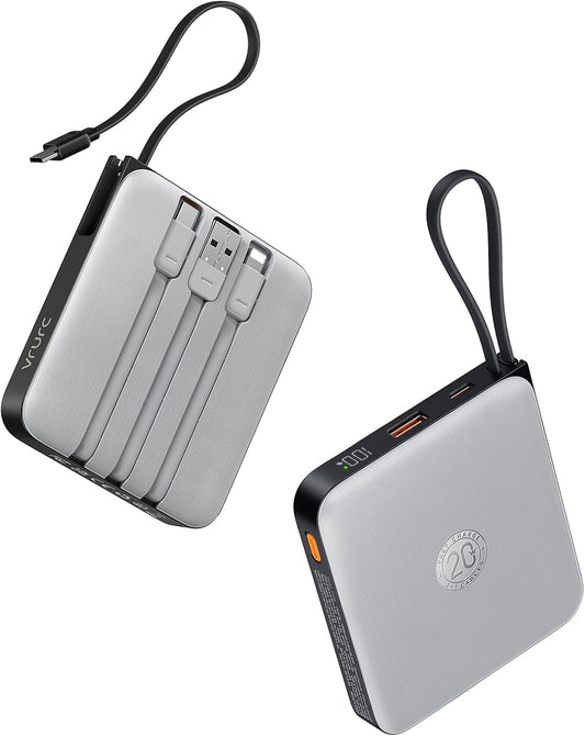 VRURC Portable Phone Charger 4 Built-in Cables, Fast Charging PD 20W Power Bank 10000mAh, USB C Mini Battery Pack for iPhone 16 15 14 Samsung Galaxy S23 Google Android Cell Phones(1 Pack)