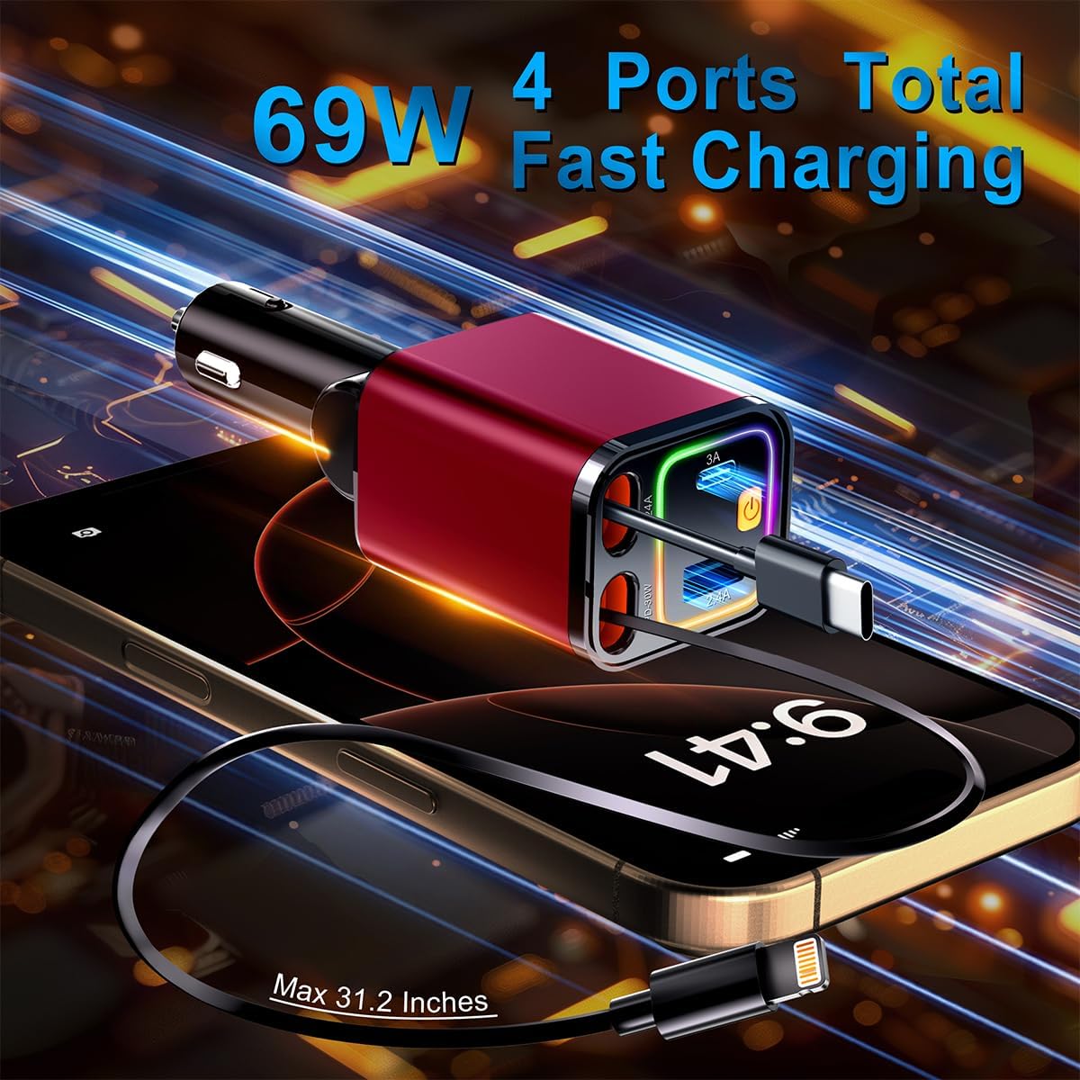 [2025 Mirco-Version] 4 in 1 Retractable Car Charger,69W Car Charger USB C,Cigarette Lighter Adapter,Fast Charging for iPhone 16e/16/15/14,13,Android (Red, for Lightning+USB-C)