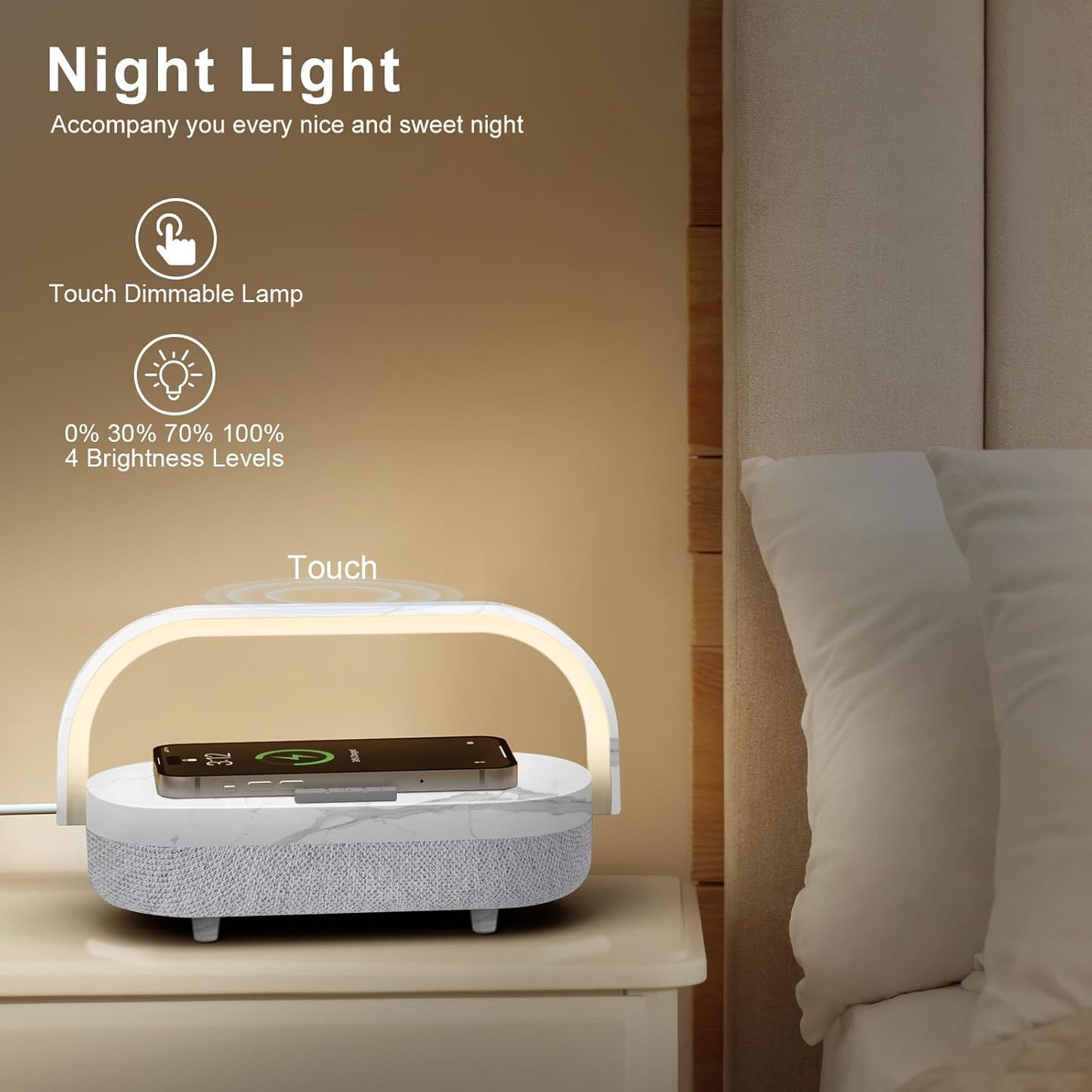 LED Bedside Lamp, Touch Lamps for Bedroom Nightstand, 4 in 1 Bedside Table Lamp with Wireless Charger, Portable Bluetooth Speaker, Phone Holder, Dimmable Charging Birthday Gifts for Women