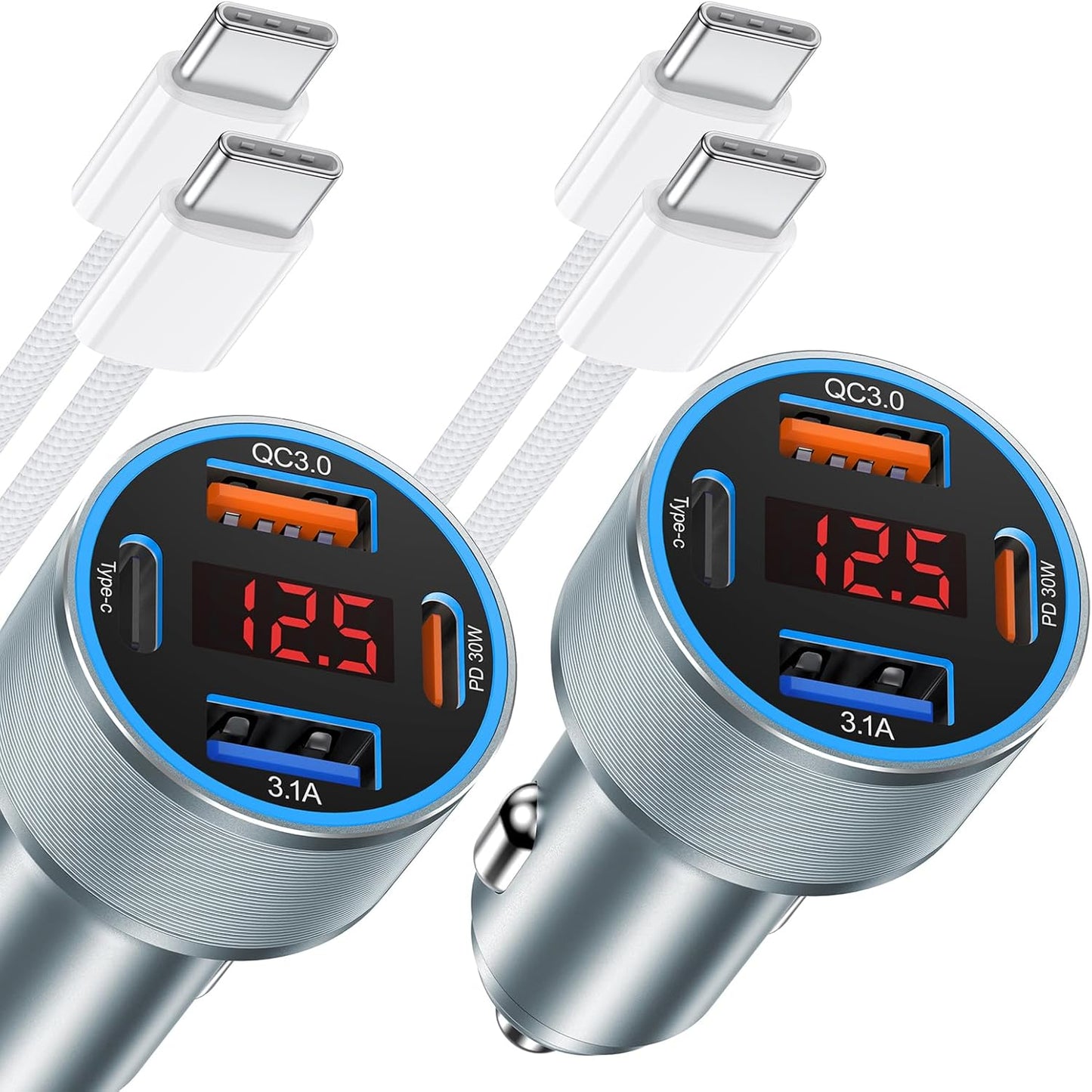 iPhone Fast Car Charger, 65W 4-Port USB C Car Phone Charger Adapter with 2x6FT USB C Cable, Multi Port Cigarette Lighter USB Charger with Voltage Display for iPhone 16 15 Pro Max,iPad,Samsung, Android