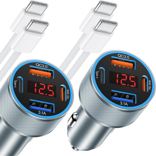 iPhone Fast Car Charger, 65W 4-Port USB C Car Phone Charger Adapter with 2x6FT USB C Cable, Multi Port Cigarette Lighter USB Charger with Voltage Display for iPhone 16 15 Pro Max,iPad,Samsung, Android