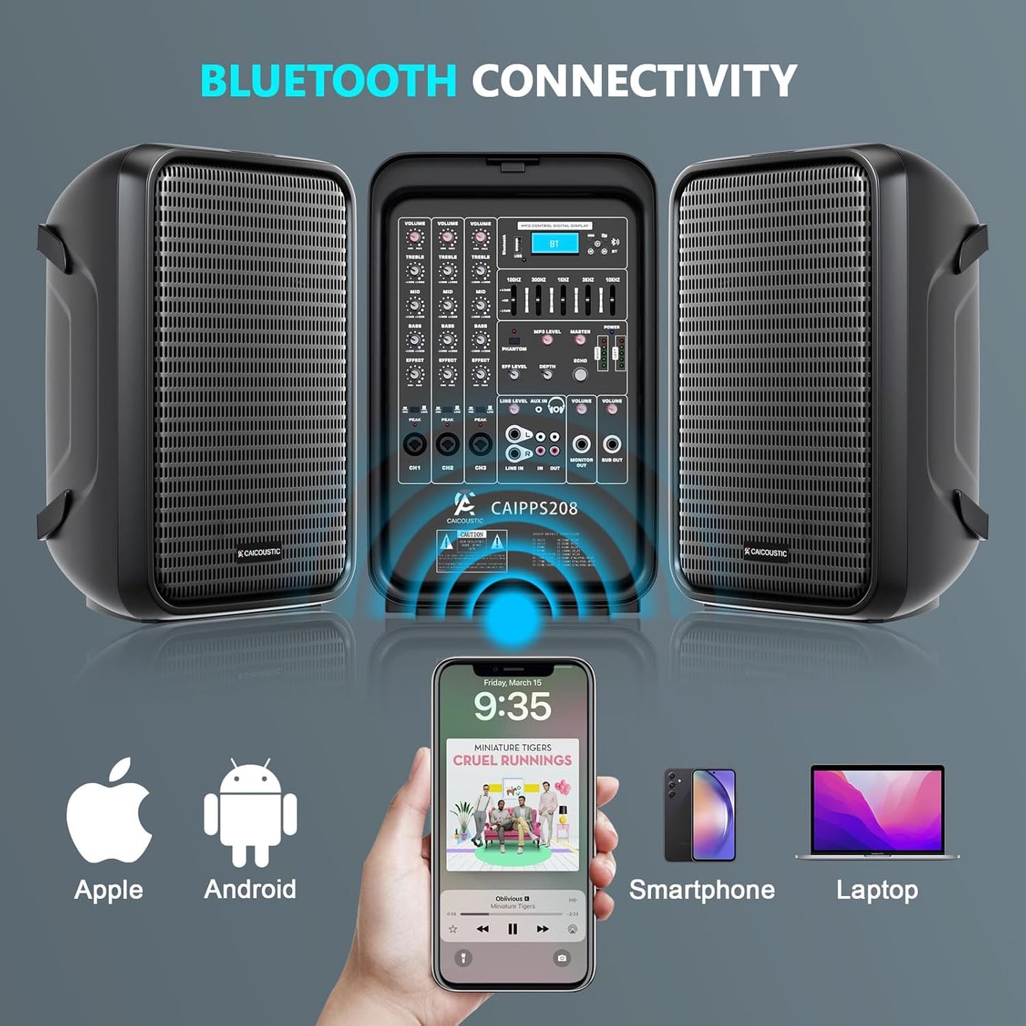 All-in-One 2-Way PA Speaker System DJ Mixer Bundle,300W 8-Channel Mixer Bluetooth, Amplifier Kit with 8" Subwoofer and 1" Horn Tweeter,USB,2 Speaker Stands, Mic