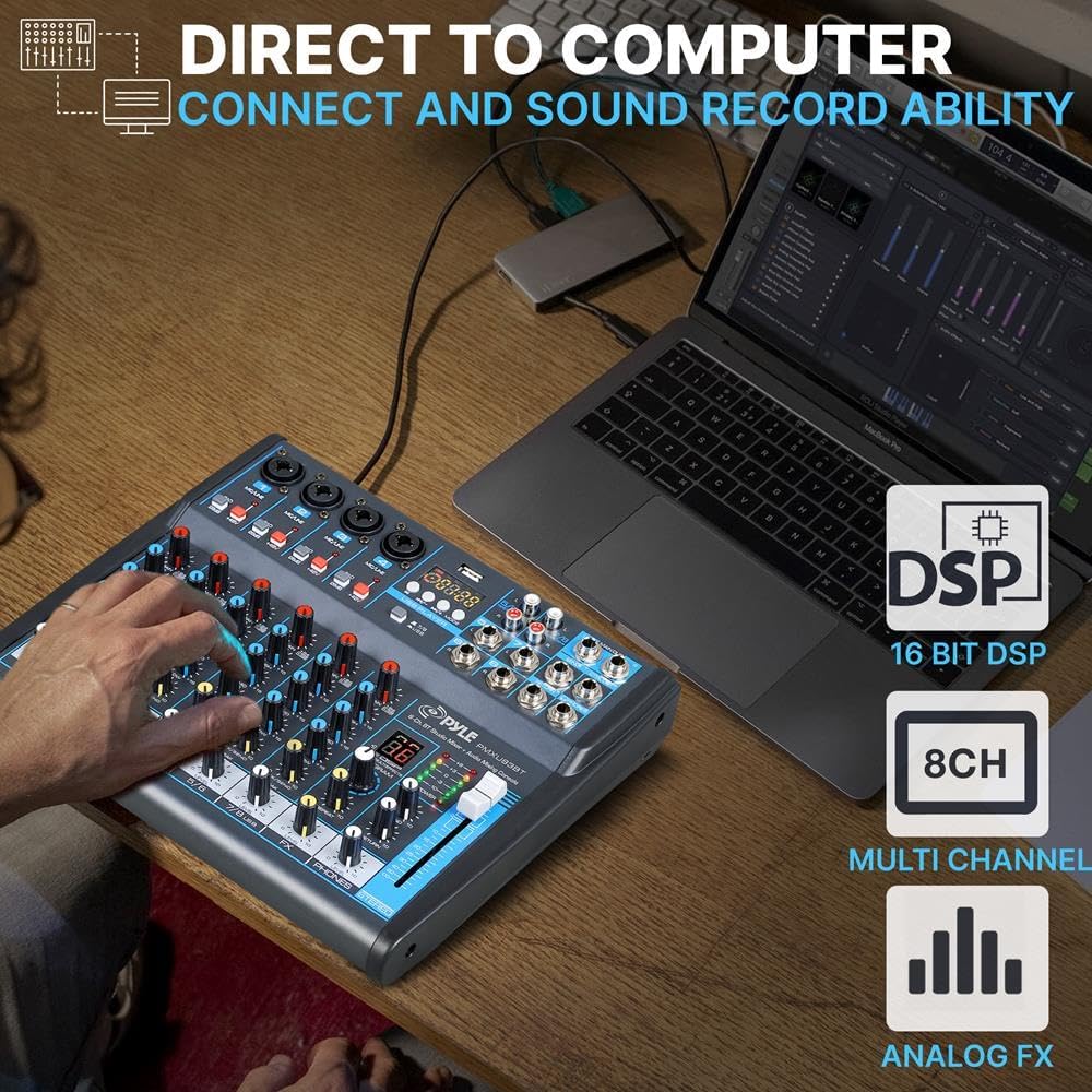 Pyle Professional Audio Mixer Sound Board Console Desk System- Interface 8 Channel Digital USB Bluetooth MP3 Computer Input 48V Phantom Power Stereo DJ Studio FX 16Bit DSP Processor, Black - PMXU83BT