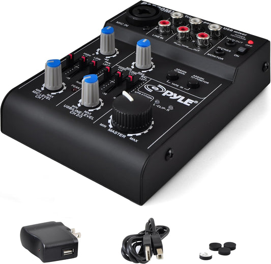 Pyle 5-Channel Professional Audio Mixer DJ Sound Board – Compact Music Mixer with USB Interface, EQ Controls, XLR Mic Input, 18V Phantom Power, Rechargeable Battery – USB/Line/Master Controls