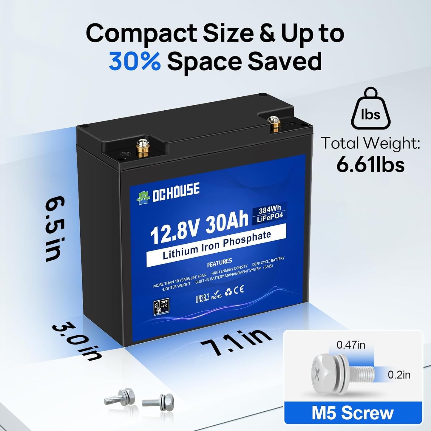 DC HOUSE 12V 30Ah Mini LiFePO4 Lithium Battery, BCI Group U1 with 30A BMS, Low Temp Cut-Off, 4000+Deep Cycles Perfect for Fish Finder, Trolling Motor, Kids Scooters, Power Wheel Chair,Boat, RV, etc