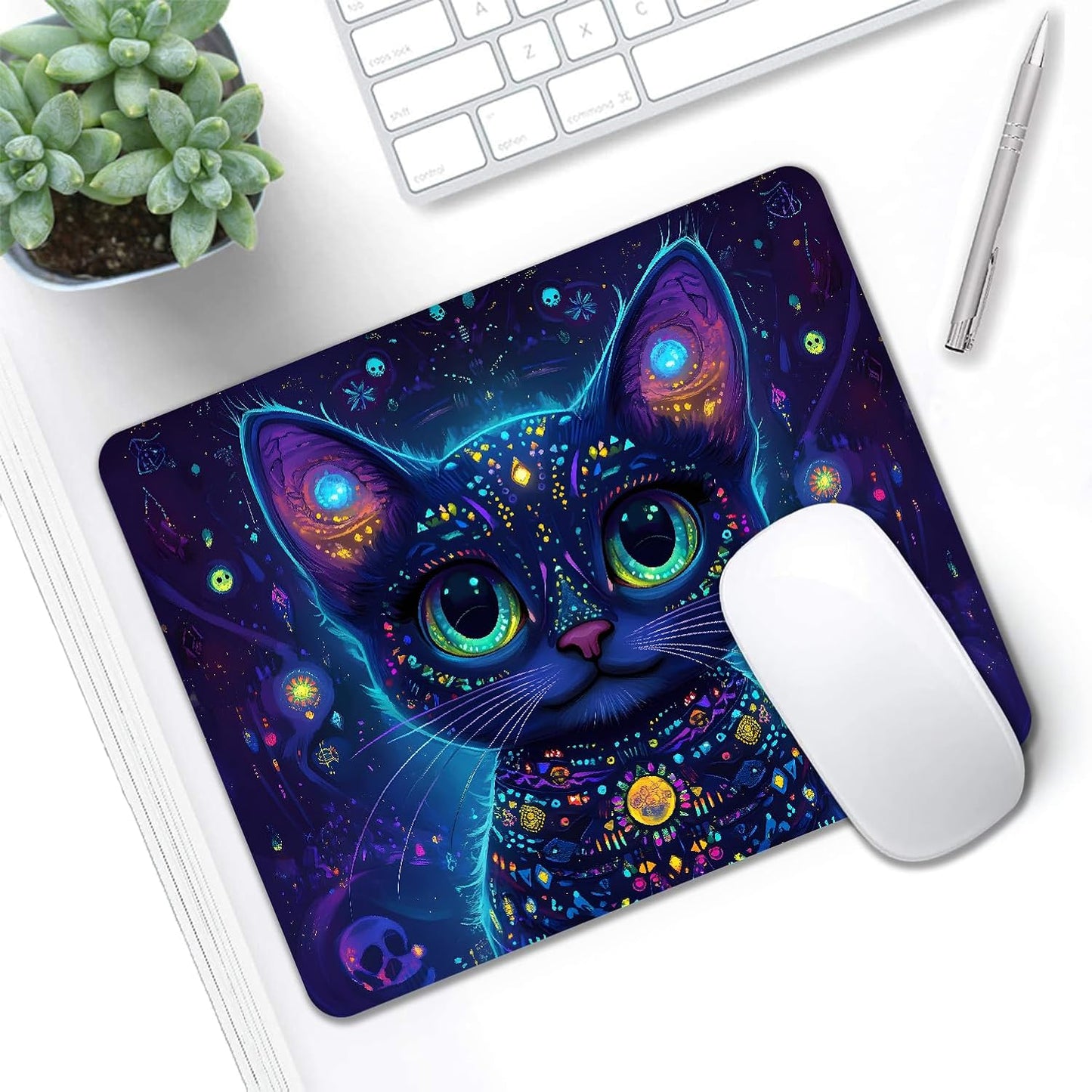 Mouse Pad, Cute Purple Cartoon Cat Mouse Pads for Desk, 9.5" x 7.9" Non-Slip Rubber Base Computer Mousepad with Women, Portable Square Design for Wireless Mouse and Pad Laptop Office & Travel
