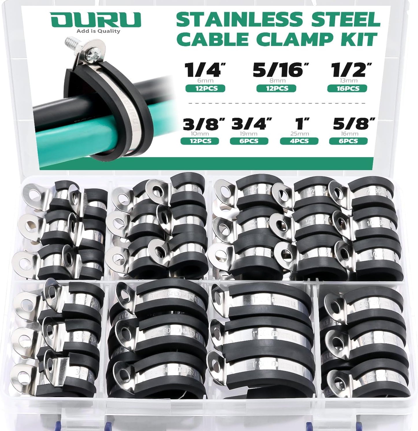 68PCS Cable Clamps Assortment Kit,7 Sizes Stainless Steel Rubber Coated Cushioned Insulated Cable Clamps-Metal Wire Clamps,Pipe Clamps for Tube,Lines