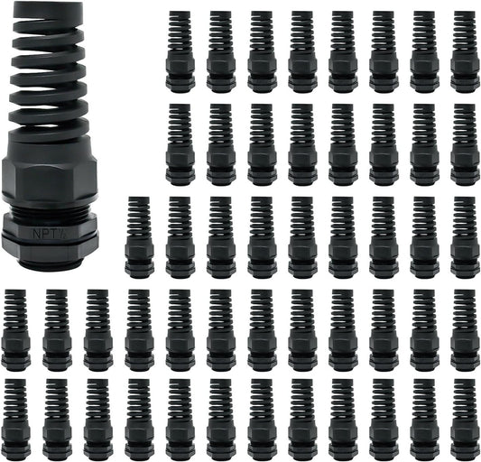 LeMotech 50Pcs NPT 1/2" IP68 Waterproof Cable Gland Flex Spiral Strain Relief Black Nylon Joint with Gaskets for 6-12mm Wire Thread