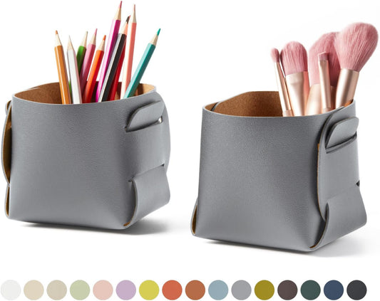 HOMIEAZICOZI 2-Pack Cork Leather Desk Accessories Storage - Pencil Pen Holder - Makeup Brush Holder Organizer - Stylish Addition to Home Decor (Gray)