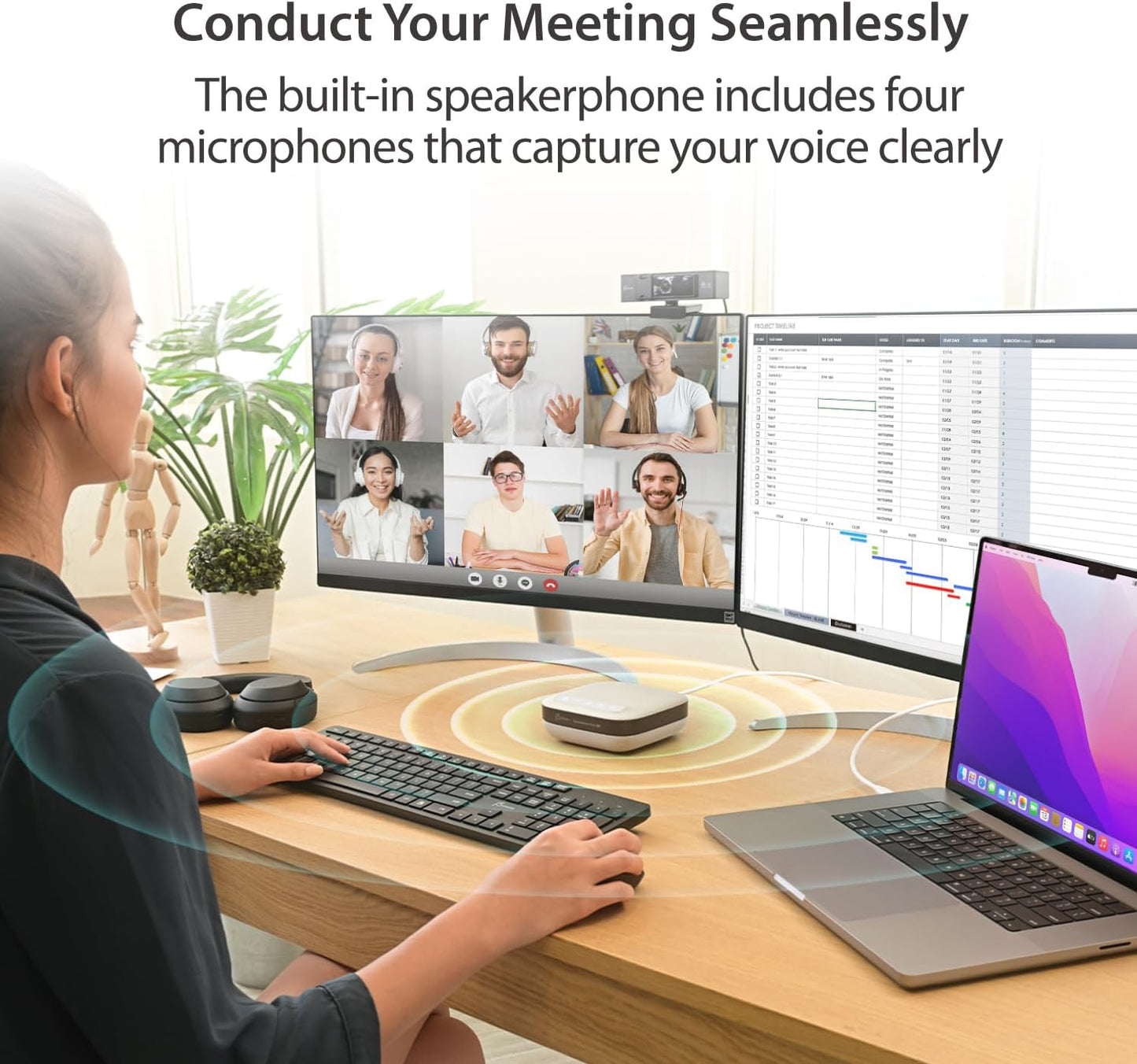 j5create USB-C Dual 4K Speakerphone Dock Pro, Dual 4K HDMI Audio Dock for Video Conference, USB-A x 2, USB-C, Gigabit ethernet, Pass-Through Charging - Works with Teams, Zoom (JCDS337)