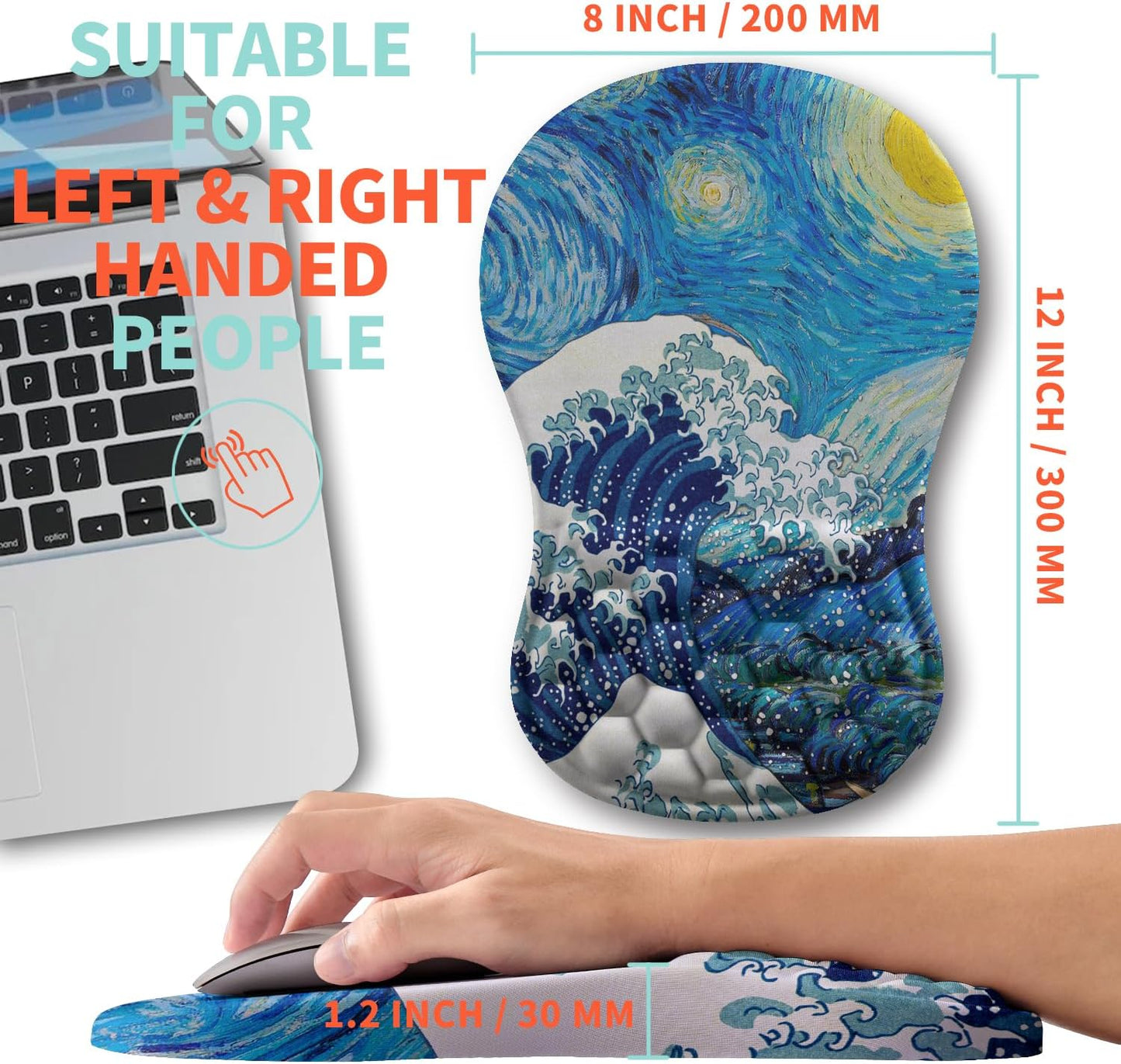 Ergonomic Mouse Pad Wrist Support with Memory Foam Massage Bulge, Carpal Tunnel Pain Relief Mousepad Wrist Rest for Mouse(12x8 inch,Wave Starry)
