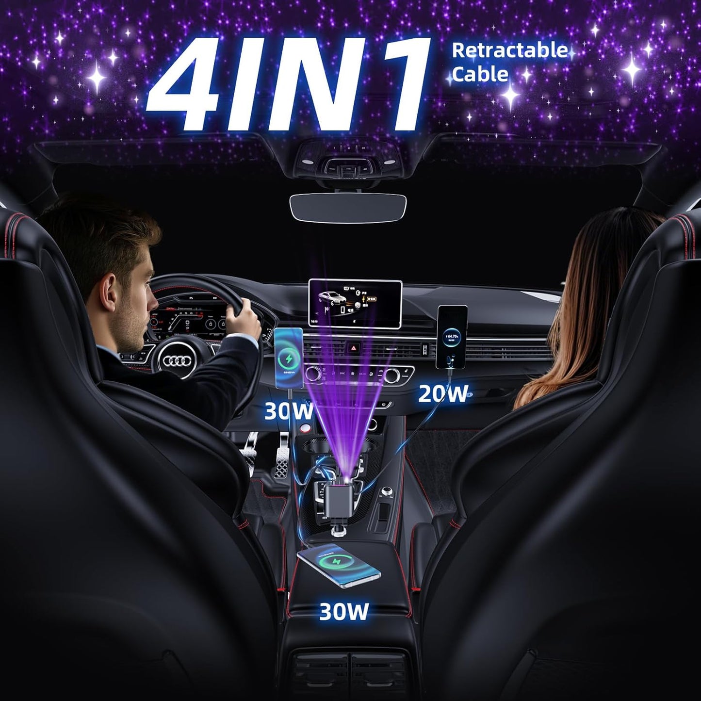 [2025 Ultra-Slim, 75% Less Space] Retractable Car Charger with Starlight, Max 120W USB C Car Charger Adapter, Cars Phone Chargers Fast Charging, Car Chargers for iPhone 16 15 Pro Max Plus and Android