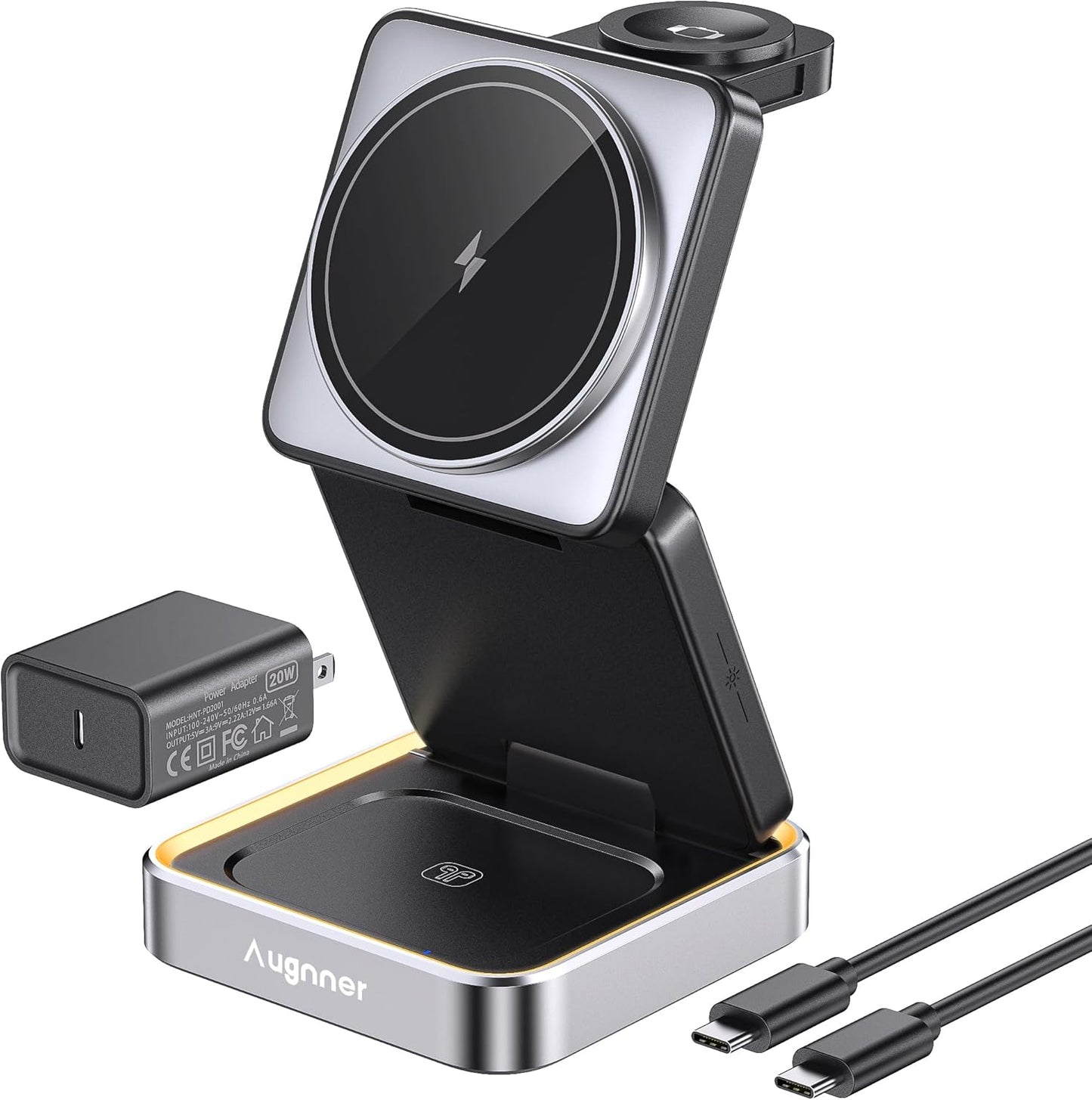 【2025 Upgraded】Wireless Charger 3 in 1, Foldable Wireless Charging Station with Night Light for Apple MagSafe Charger, Travel Magnetic Charger Stand, Nightstand Fast 15W Charging Station (20W Adapter)