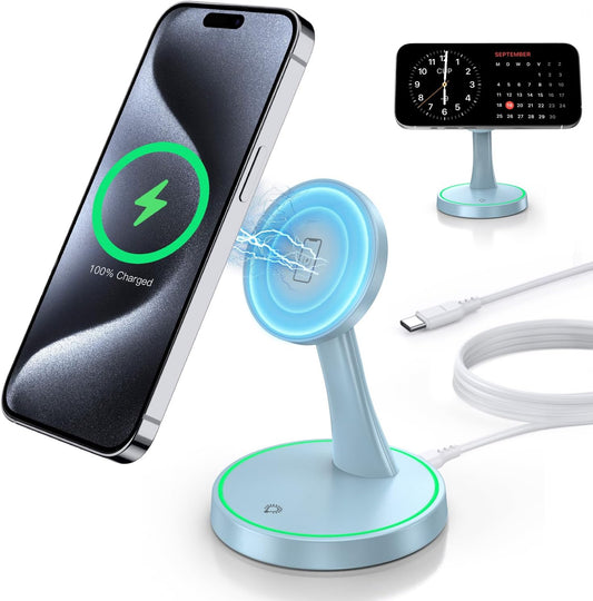 Magnetic Wireless Charger Stand 15W Fast Mag-Safe Charger for iPhone 16/16 Pro/16 Plus/16 Pro Max/15/14/13/12 Series Magnet Wireless Charging Station/Pad with Sleep-Friendly Light for AirPods