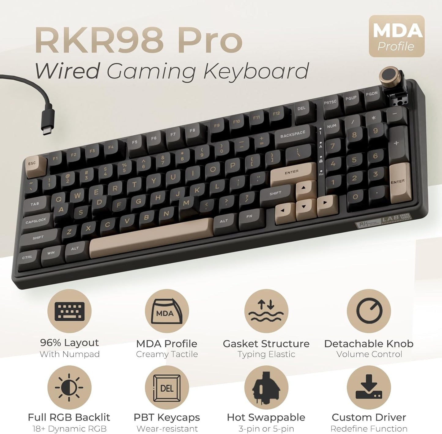 RK ROYAL KLUDGE R98 Pro Wired Mechanical Keyboard, 96% Creamy Gaming Keyboard RGB Backlit with Number Pad and Volume Knob, Gasket Mount, MDA Profile PBT Keycaps, Hot Swappable Pre-lubed Linear Switch