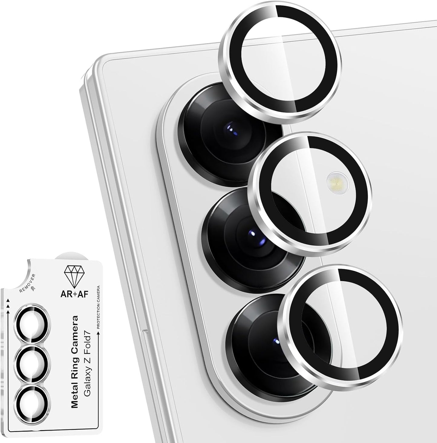 for Samsung Galaxy Z Fold 7 Camera Lens Protector, Individual Metal Ring Tempered Glass Lens Cover, [Strong Adsorption] Scratch Resistant Ultra-Thin HD Clear Lens Cover, 1 Set-Slivery Ring