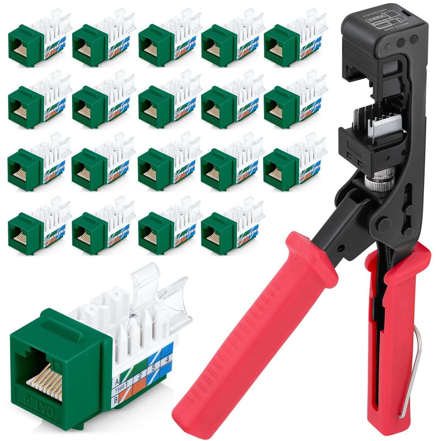 Everest easyJACK - 45° Angled Speed Termination Keystone Tool Set - with 20-Pack of RJ45 Cat6 Keystone Jacks in Green (Slim Profile Design) - Time Saver Network Punch Down Tool Cat6
