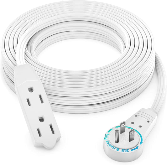 Maximm Cable 50 Ft 360° Rotating Flat Plug Extension Cord, 16/3 AWG Multi 3 Outlet 3-Prong Grounded Wire- White - UL Certified