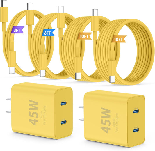 iPhone 16 15 Pro Max Charger Fast Charging,45W Dual Port USB C Fast Charger Block [2-Pack] & Extra Long 60W 3/6/10/10FT USB C Cable - PD Quick Adapter 3.0 for iPhone 16 15/16 15Pro/16 15 Plus.