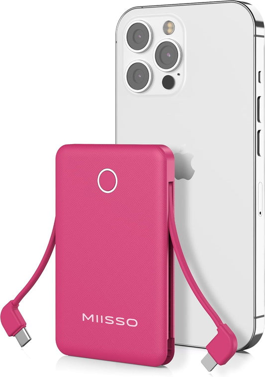 miisso 6000mah Ultra Slim Built in Cables Power Bank, Card Size Built in USB C Cords Battery Pack Portable Charger for Phones, 3 Output External Battery Pack Compatible with iPhone, Samsung, Plum Red