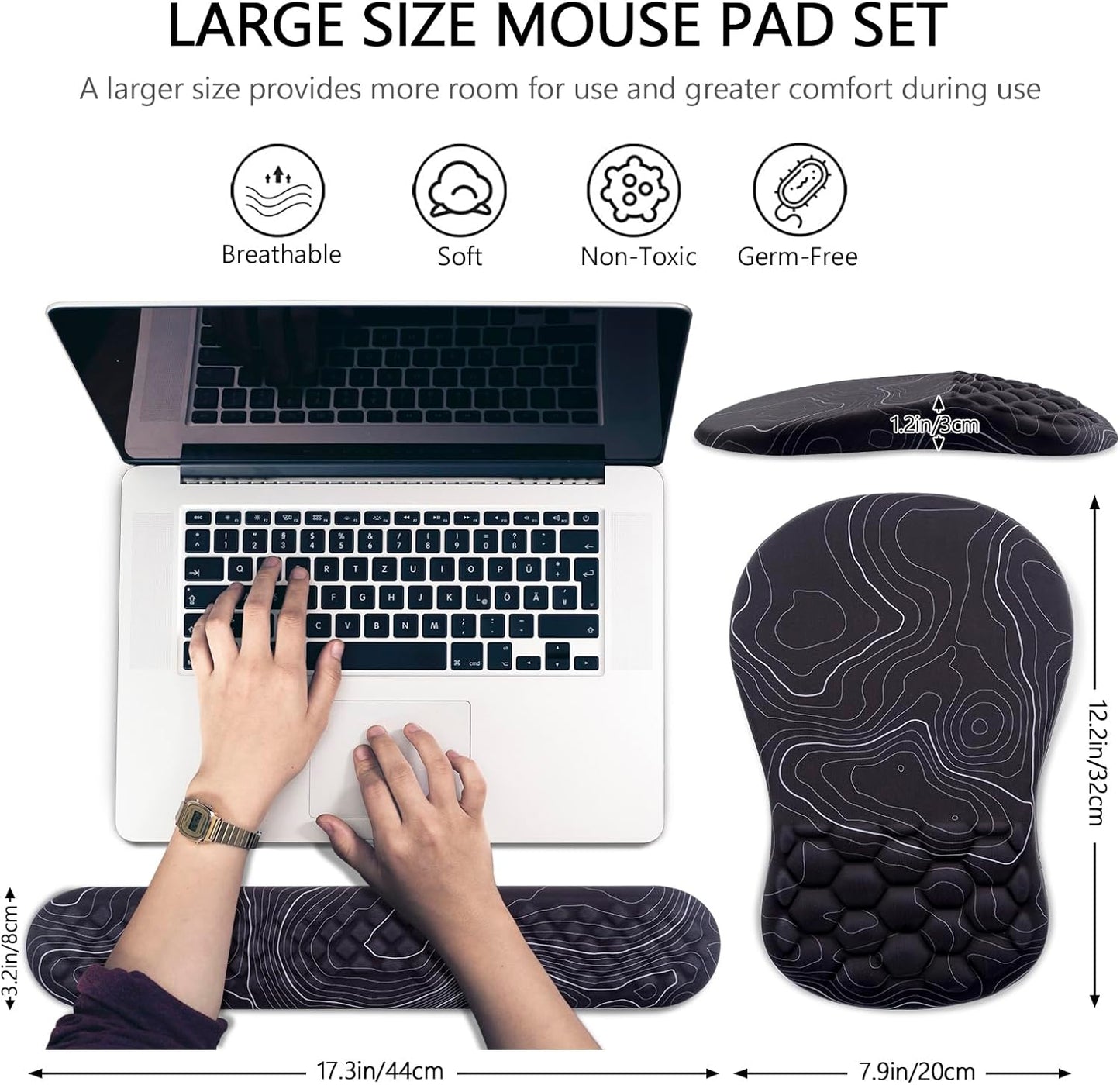 Mouse Pad Wrist Support, Laokiiy 2 in1 Keyboard Wrist Rest+ Ergonomic Mouse Pad, Non-Slip Wrist Rest for Computer Keyboard, Made Easy Typing & Relieve Wrist Pain(Black White)