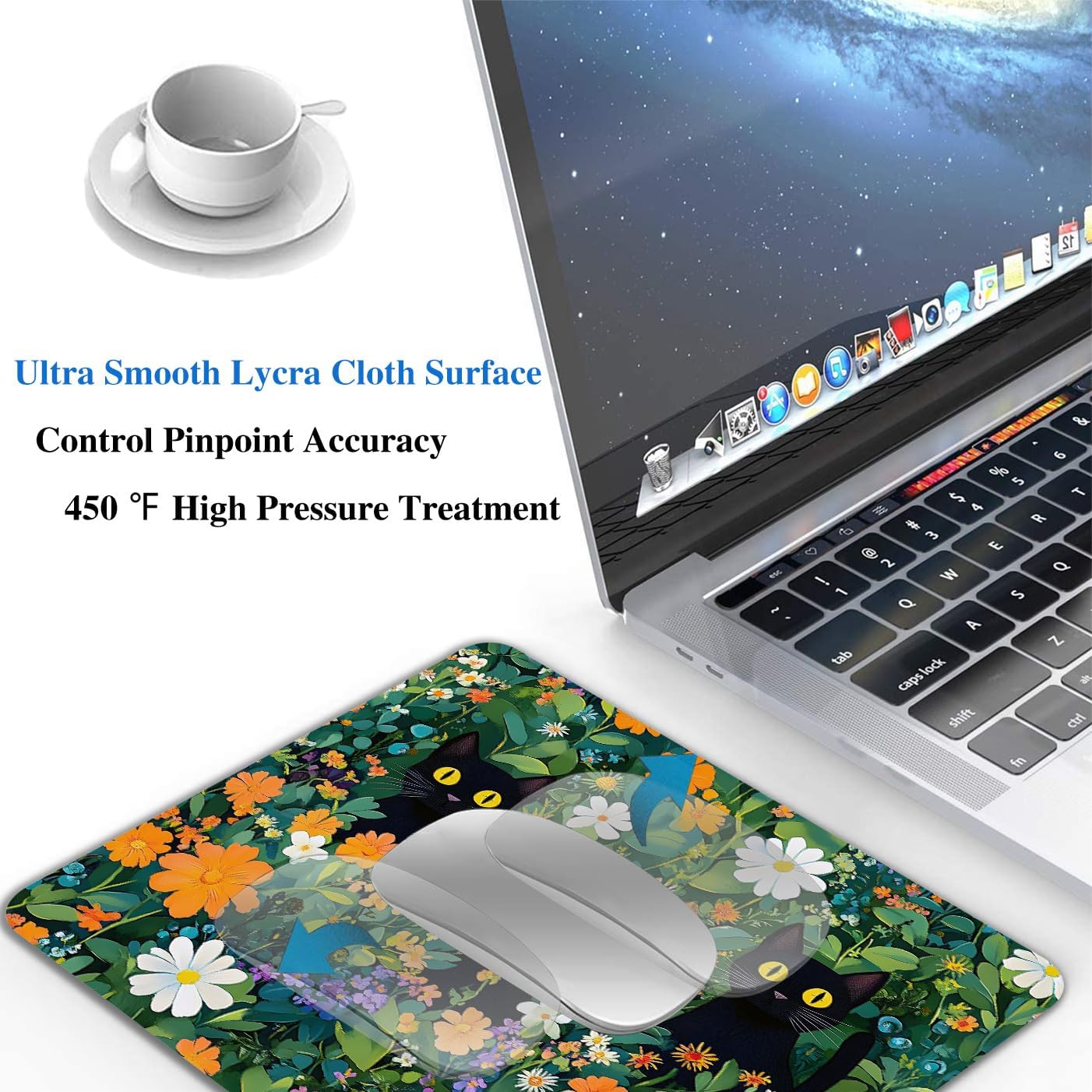 Cute Flowers Black Cats Mouse Pads for Desk, Portable Wireless Computer Mouse pad Small Design with Women, Non-Slip Rubber Base Laptop Mousepad 9.5" x 7.9" Smooth Surface for Office & Travel