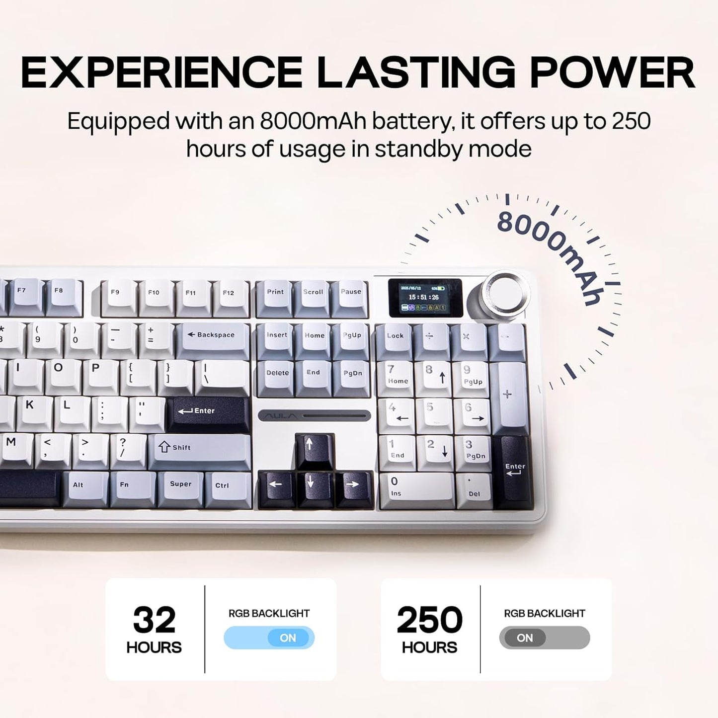 EPOMAKER X Aula F108 PRO Wireless Gaming Keyboard with Screen, 8000mAh Battery, 104 Hot-Swappable and Programmable Keys and Knob, RGB Backlight, for Mac/PC/Android (Blue&White)