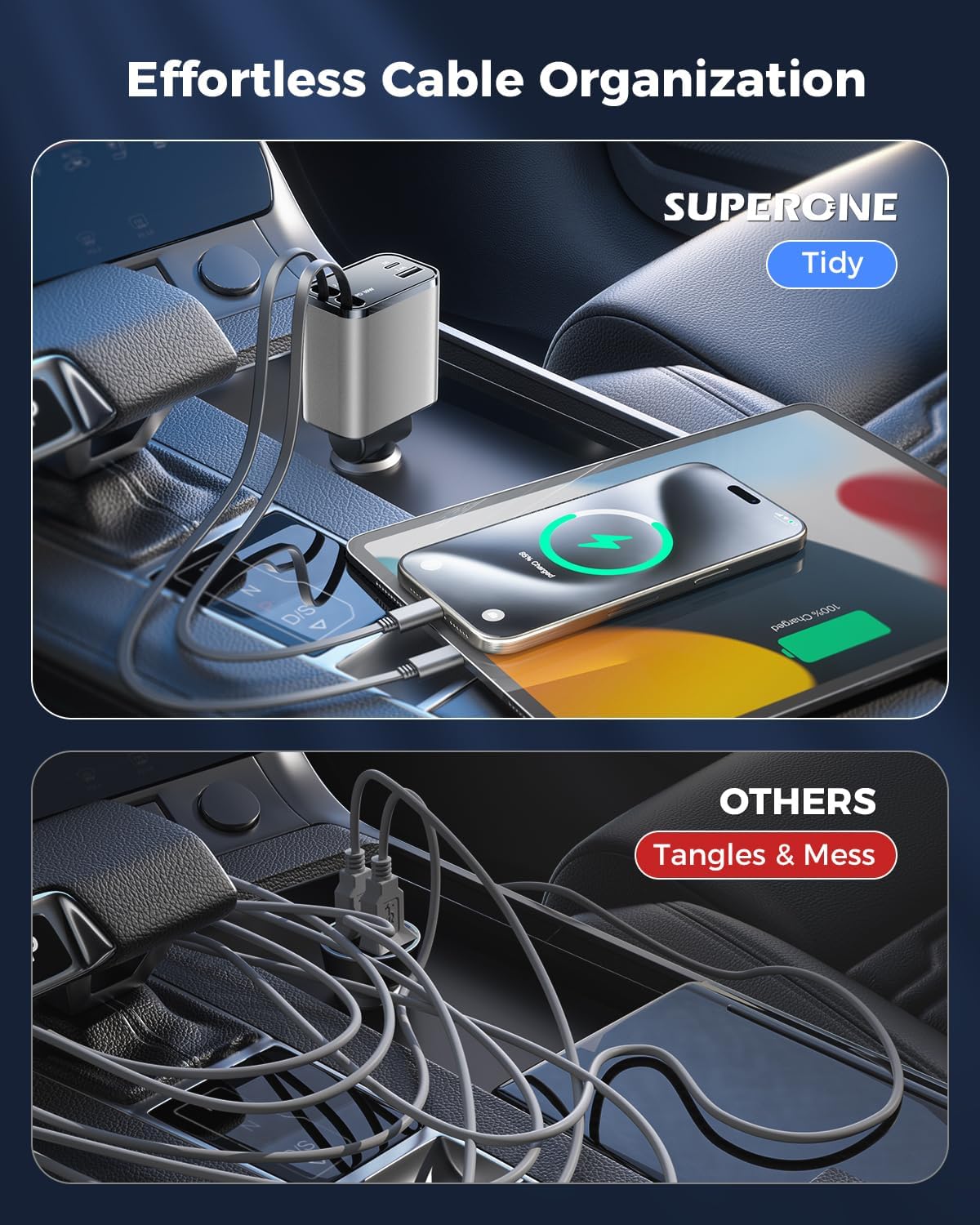[2024 Upgraded] 4 in 1 Retractable Car Charger, SUPERONE Smaller Fast Car Phone Charger 69W with Cord, USB C and iPhone Car Charger Adapter, Compatible iPhone 15/15 Pro Max/14/13/12/11, Sumsung