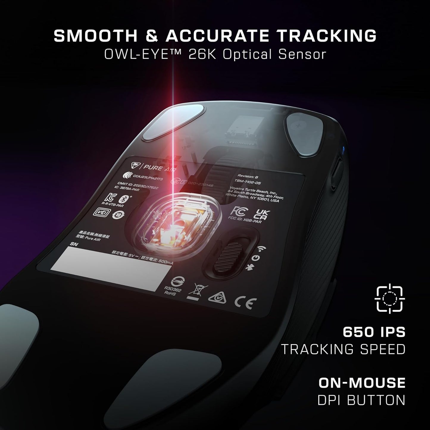 Turtle Beach Pure Air - Ultra-Light Wireless Ergonomic RGB Gaming Mouse, 26K DPI Optical Sensor, 125 Hour Battery, Dual Wireless System, Titan Optical Switches, Bluetooth, RGB Illumination - Black