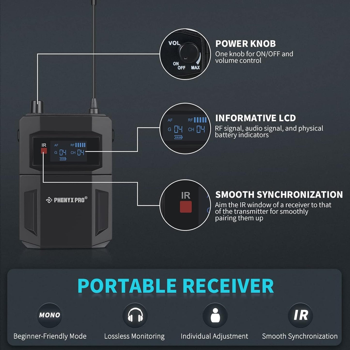 Phenyx Pro in Ear Monitor for Musicians, UHF Wireless in-Ear Monitors System, Mono 2-Channel IEM, Metal Stage Monitor w/ 2x50 Frequencies, 164ft Long Coverage, Rack Mount Kit (PTM-22, 4 Bodypacks)