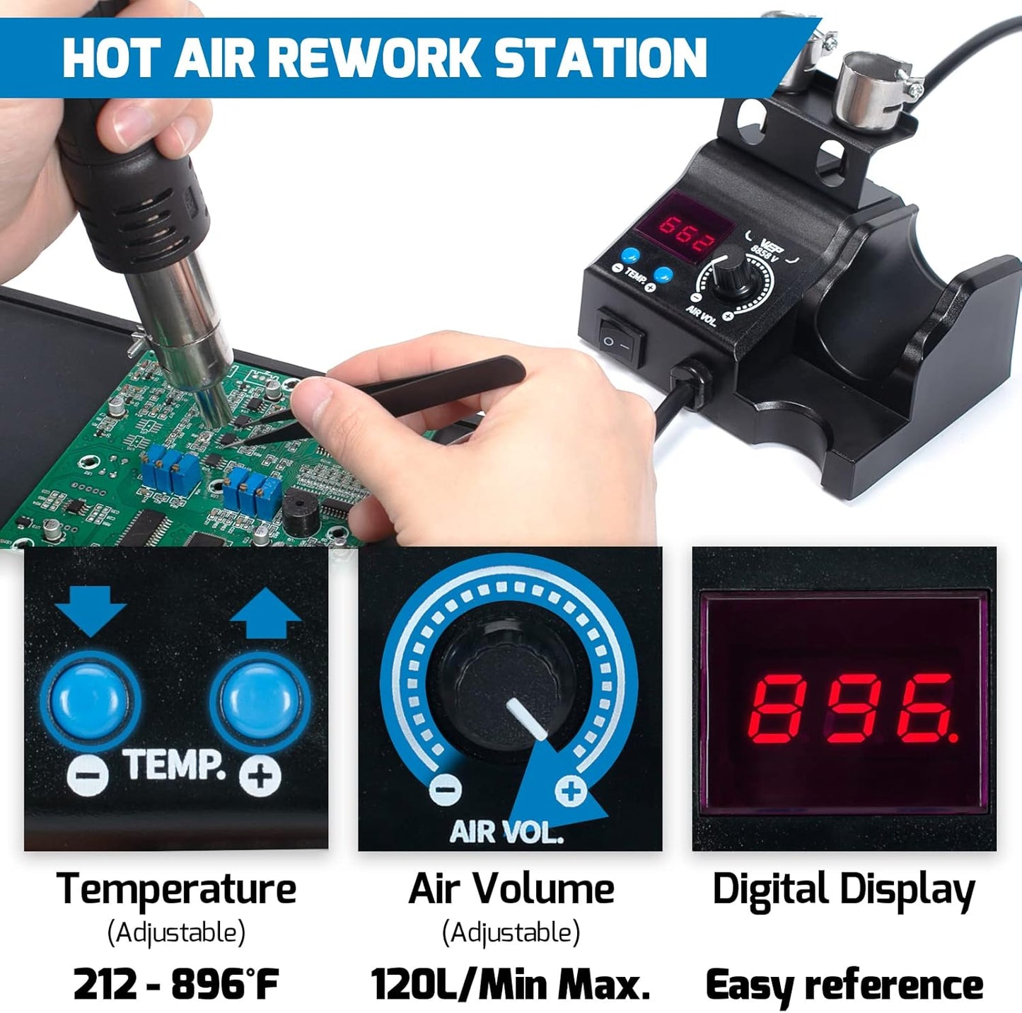 WEP 8858-V Hot Air Rework Station Kit with Compact Size, Integrated Nozzle Holder, 3 Nozzles, 2 Tweezers, Adjustable Temperature& Air Volume, PID Program, °C/°F Conversion and More
