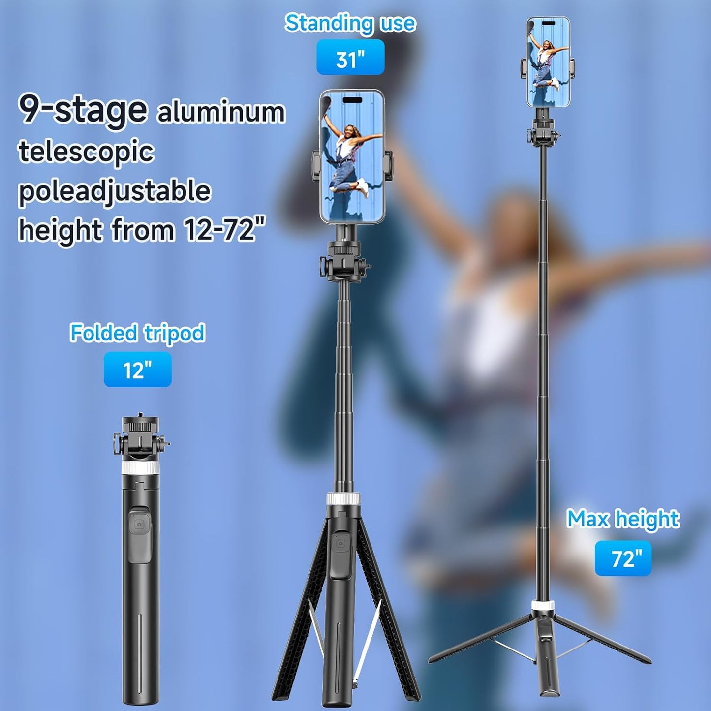 Tripod for iPhone, Selfie Stick for iPhone with Remote, Phone Tripod for Recording, Compatible with All Cell Phone and Camera, X60 (72")