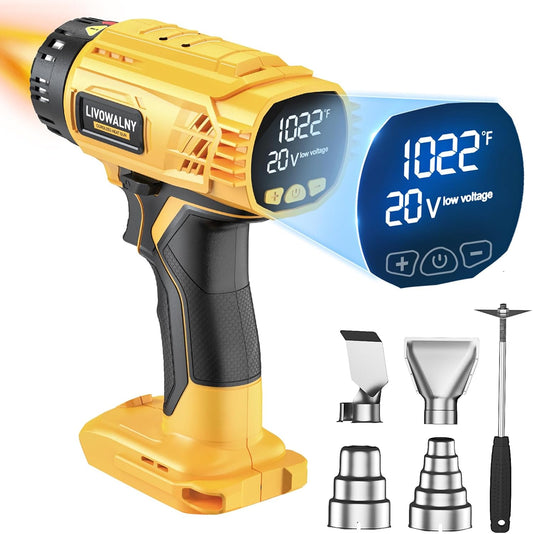 LIVOWALNY Heat Gun Compatible with Dewalt 20v Battery:350W Cordless Battery Powered Heat Gun 122℉~1022℉-Variable Temperature Control Heat Shrink Gun w/LED Digital Display for Shrink Tubing, Vinyl Wrap
