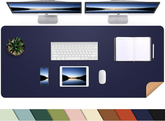 Leather Desk pad Protector, Large Desk mat with Natural Cork & PU Leather,Mouse pad,Non-Slip Office Desk Mat,Waterproof Desk Writing Pad for Office and Home (47in*23.7in, Blue)