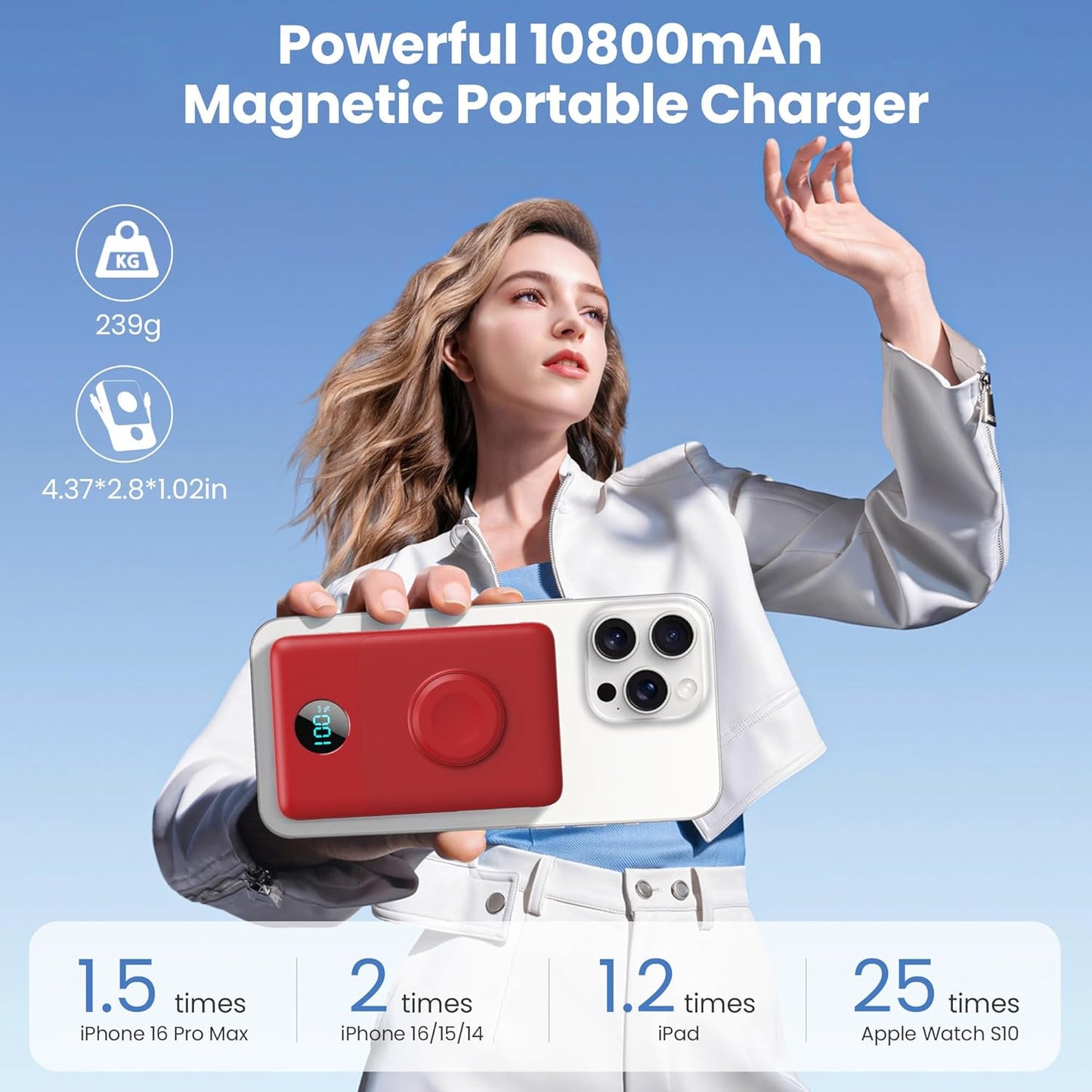 Magnetic Portable Charger 10800mAh for iPhone with Built-in Cables, 6-in-1 Wireless Power Bank with iWatch Charger, 25W PD Fast Charging USB C Battery Pack for iPhone 16/15/14/13/12, Apple Watch(Red)