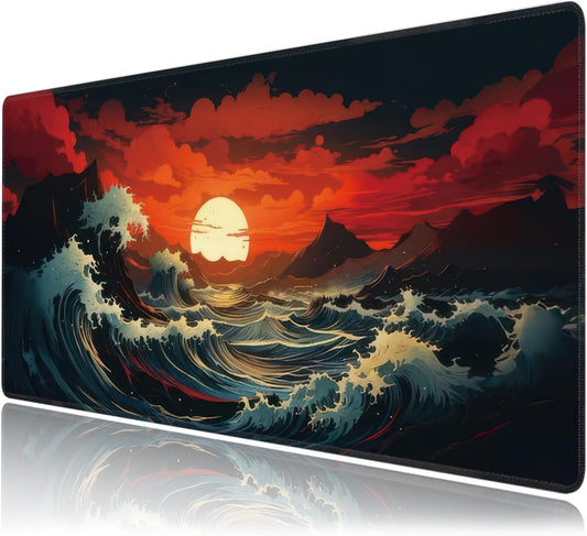 Japanese Sea Wave Large Mouse Pad,Gaming Keyboard Desk Pad,Extended Mouse Mat Non-Slip Rubber Base with Stitched Edges for Office Game Home XXL 35.4"x15.7"