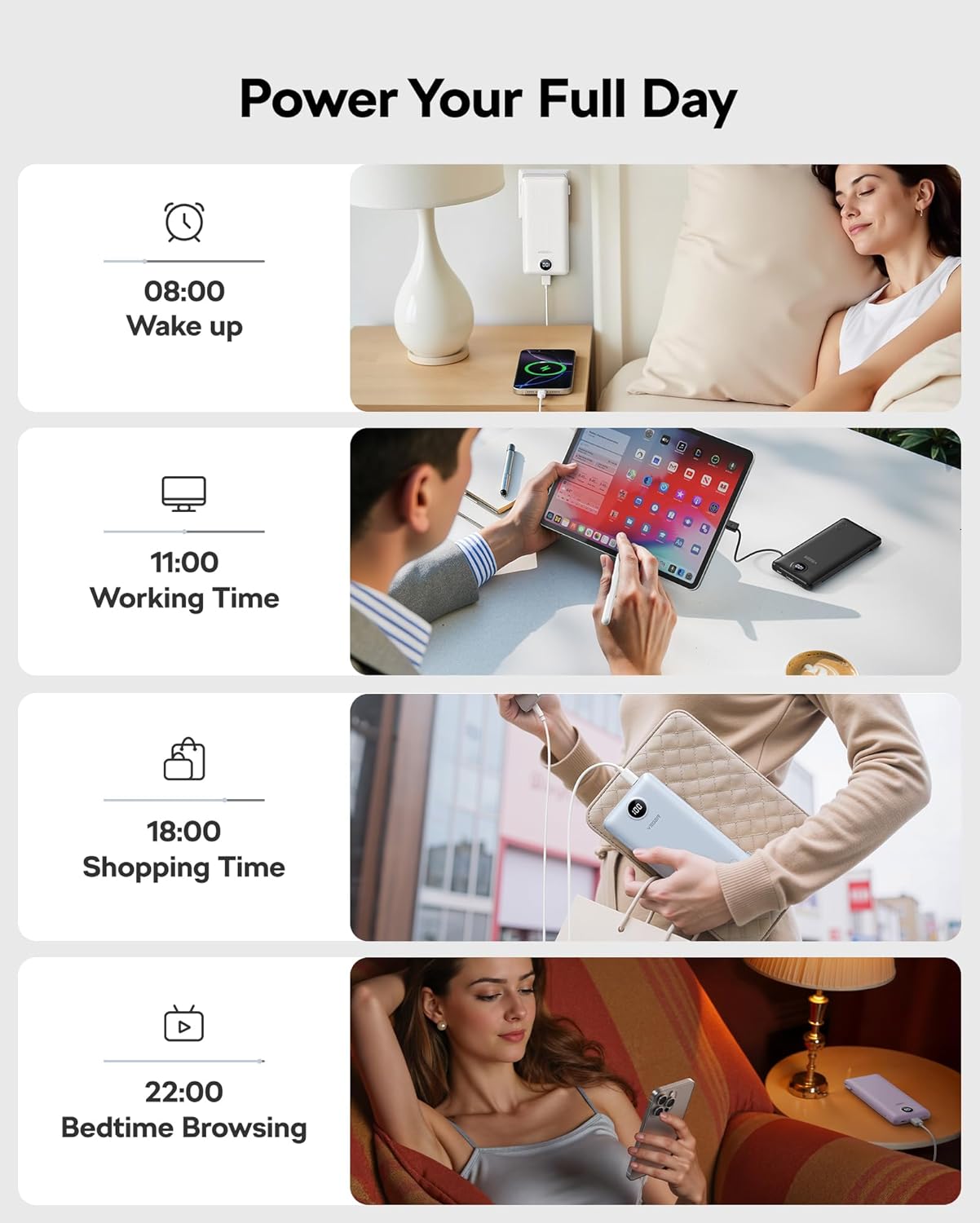 VEGER AC Wall Plug Portable Charger, 10000mah Slim Portable Charger Built in Cables, USB C Power Bank 15W Fast Charging, Travel Essential Battery Pack Compatible with iPhone, Android and More(White)