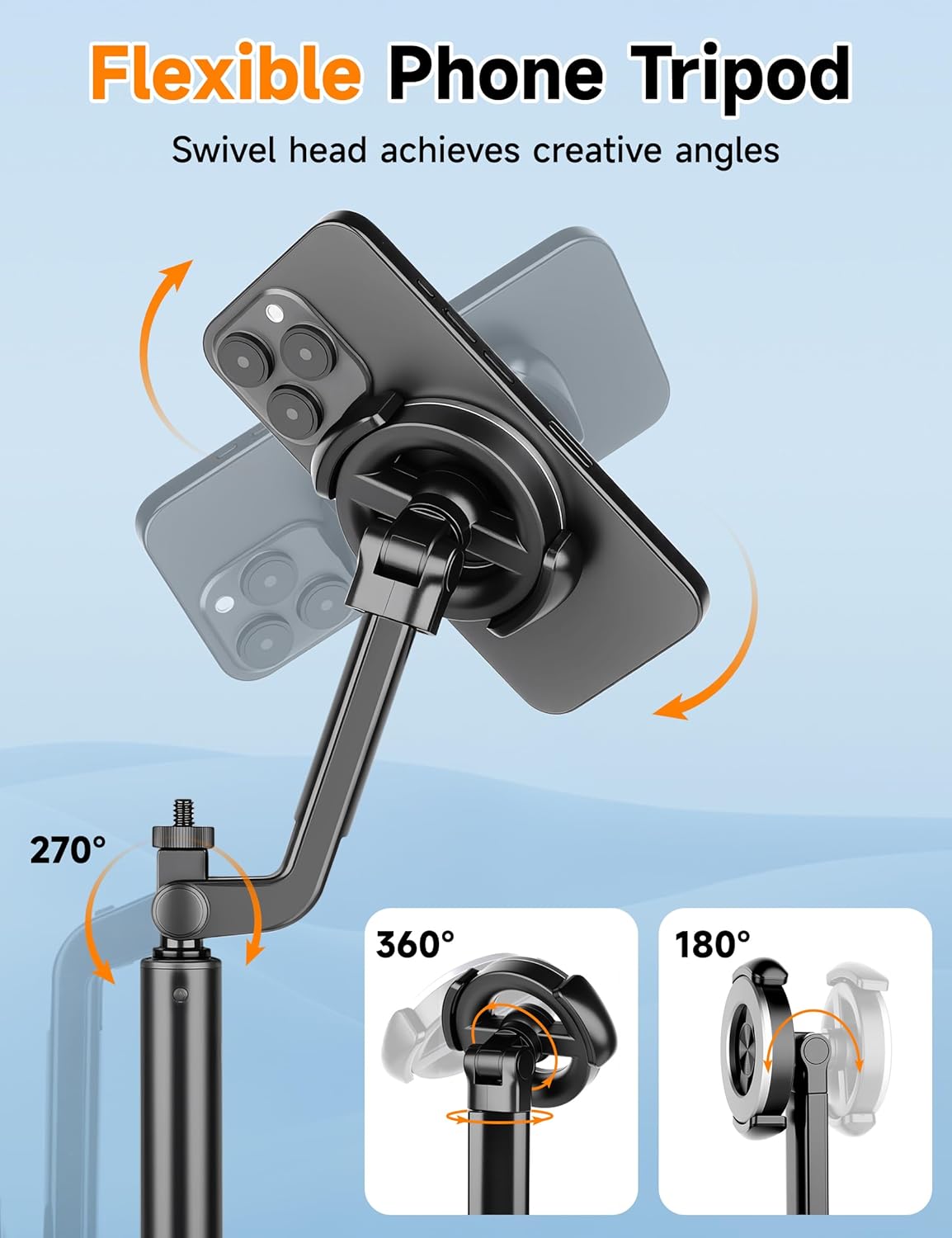 Magnetic Phone Tripod, 70" Selfie Stick Tripod for iPhone Magsafe with Rechargeable Remote & 2 in 1 Magnetic Holder, Portable Cellphone Stand for Recording Travel, Compatible with iPhone and Android