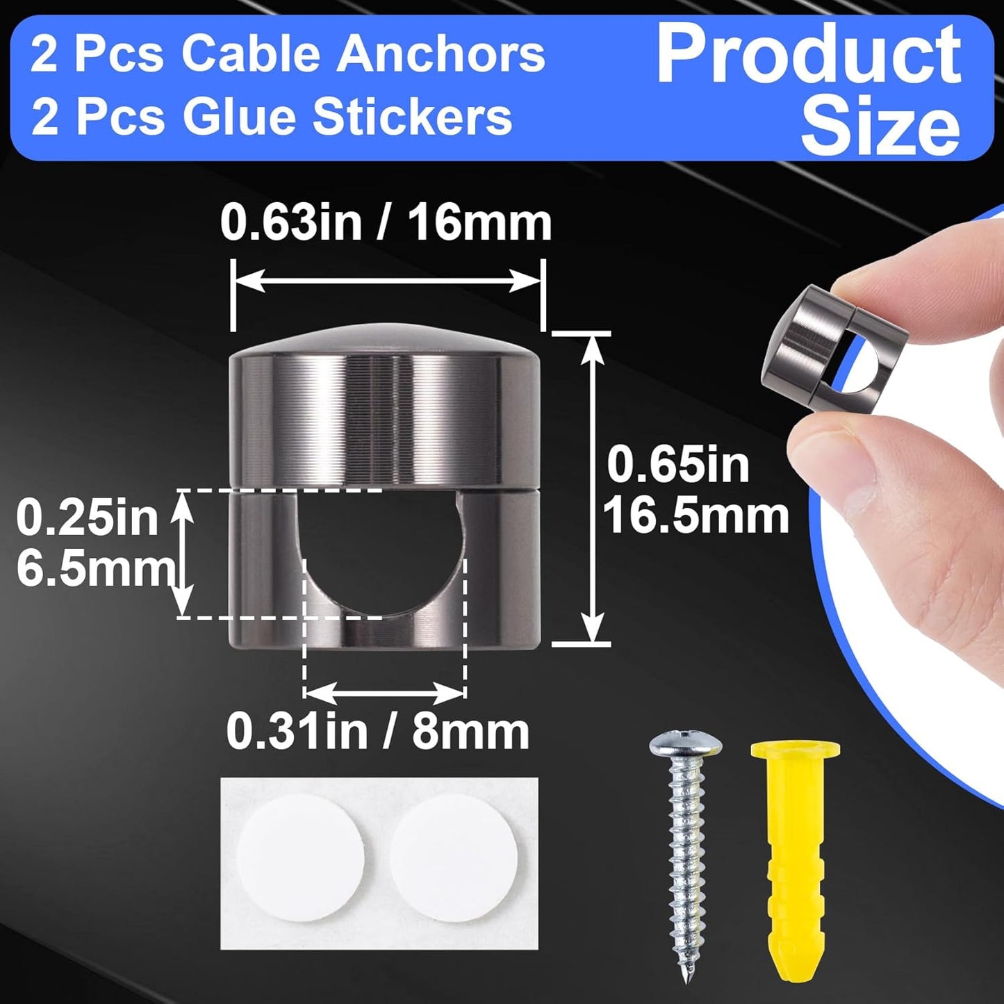 2 Sets Charger Holders for Cords, Black Adjustable Cable Anchor Holders, Adhesive Metal Cord Clips, Cable Management Wire Organizers for Desk, Office, Nightstand