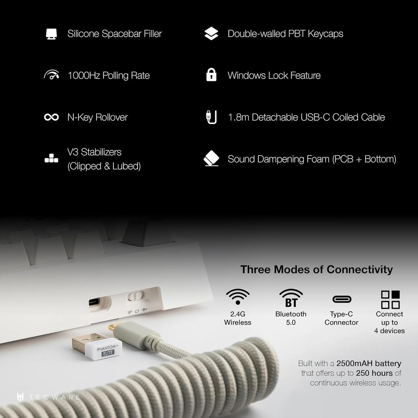 TECWARE Phantom+ Elite 87 Key RGB Mechanical Gaming Keyboard, LED Backlit, Universal Hot-Swap, Wired and Wireless, 3 Mode Connectivity, Thocky Sounding, White Elite Wraith Brown