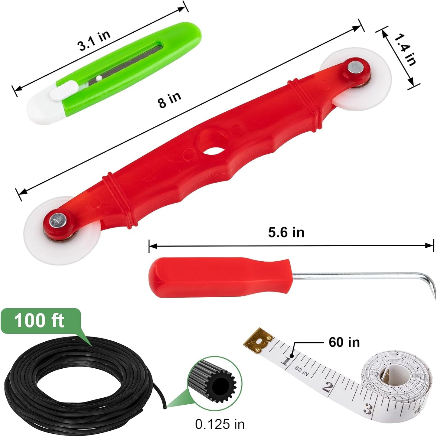 Window Screen Repair Kit, Screen Door Repair Kit, 0.125"X100' Screen Spline for Window Screen, 5 in 1 Screen Replacement Kit, Screen Roller Tool Round Retainer Spline Removal Hook Ruler Cutter