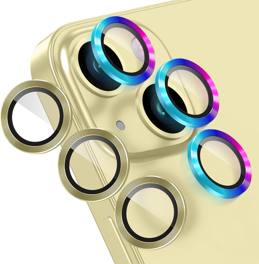 AGVEE 3+3 6 Pack for iPhone 15 6.1" / 15 Plus 6.7" Camera Lens Cover Protector, Metal Ring 9H Tempered HD Glass Camera Cover Protector Film, Yellow