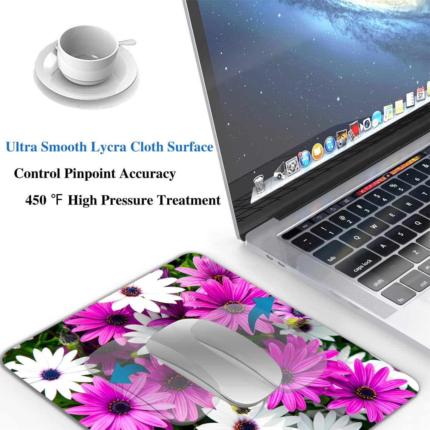 Purple and White Flowers Mouse Pads for Desk, Portable Wireless Computer Mouse pad Small Design with Women, Non-Slip Rubber Base Laptop Mousepad 9.5" x 7.9" Smooth Surface for Office & Travel